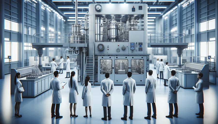 Technicians in lab coats operating a large industrial freeze drying machine in a laboratory setting, emphasizing the advanced technology and precision involved in high-end freeze drying processes.