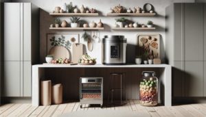 A modern kitchen setup featuring a sleek freeze drying machine on the countertop, surrounded by a variety of fresh fruits and vegetables.