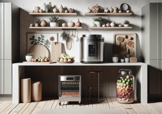 A modern kitchen setup featuring a sleek freeze drying machine on the countertop, surrounded by a variety of fresh fruits and vegetables.