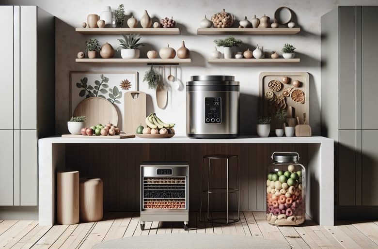 A modern kitchen setup featuring a sleek freeze drying machine on the countertop, surrounded by a variety of fresh fruits and vegetables.