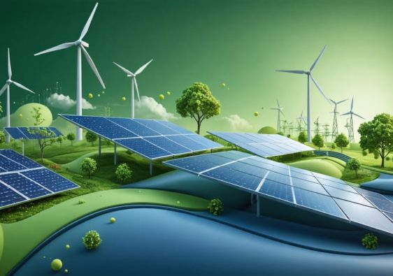 "Futuristic scene depicting the integration of THCA in advanced solar panels and wind turbines, representing energy efficiency and sustainability."