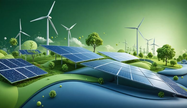 "Futuristic scene depicting the integration of THCA in advanced solar panels and wind turbines, representing energy efficiency and sustainability."