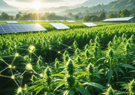 Conceptual illustration showing transformation of hemp fields into renewable energy storage facilities, depicting CBD oil's molecular structure intertwined with energy elements.